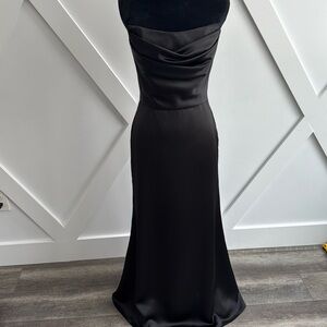 Stunning black satin draped strapless gown with small train